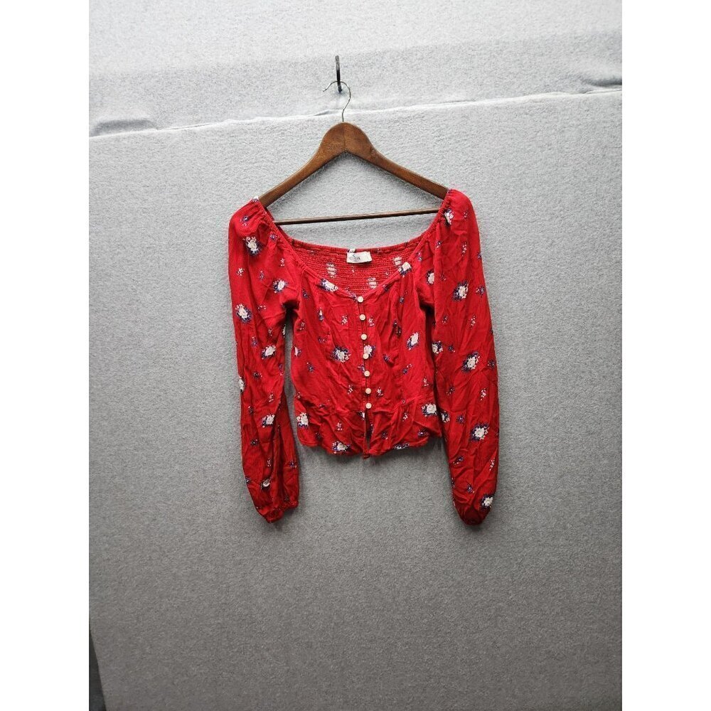 Vintage-Inspired Hollister Womens Red Floral Button-Up Crop Top Long Sleeves Siz